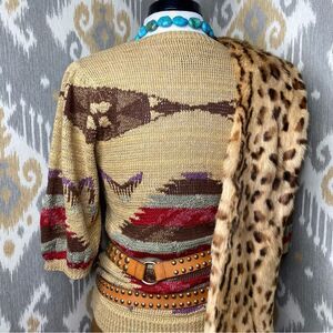 Ralph Lauren Tan Multi Southwest Aztec Hand-Knit Linen Silk V-Neck S/S Sweater